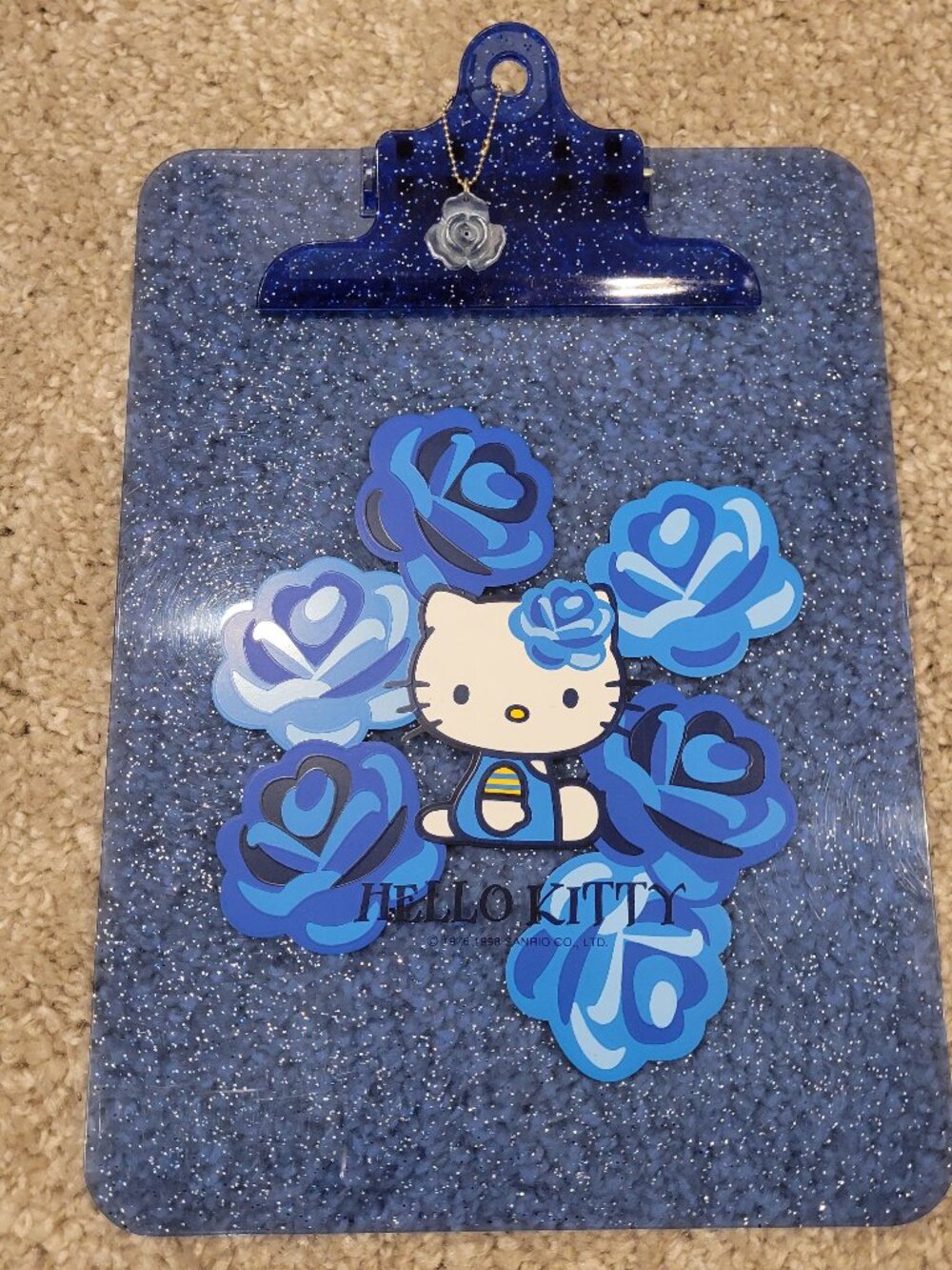 Rare Vintage Sanrio 1998 Hello Kitty Clear Blue Rose Glitter Plastic Clipboard